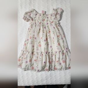 adidas Girls Floral Smocked White Dress with Pink & Purple Flowers